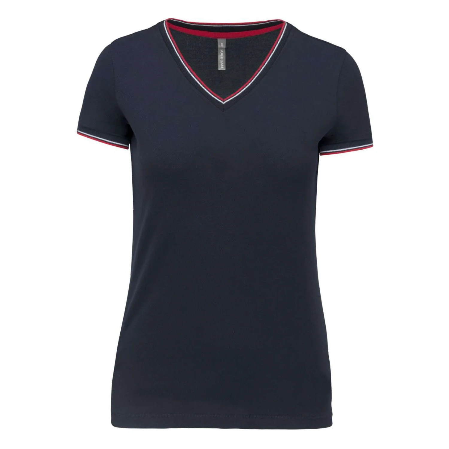 Kariban Női v-nyakú piqué póló Navy/Red/White