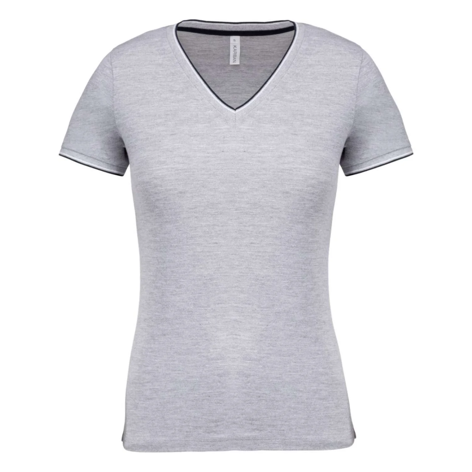 Kariban Női v-nyakú piqué póló Oxford Grey/Navy/White