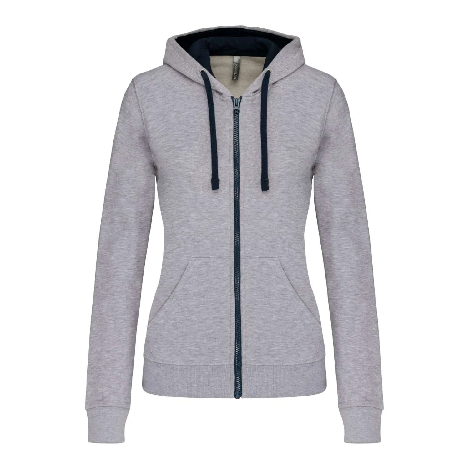 Kariban Női kontrasztos kapucnis végig cipzáras pulóver pulóverek és kardigán Oxford Grey/Navy