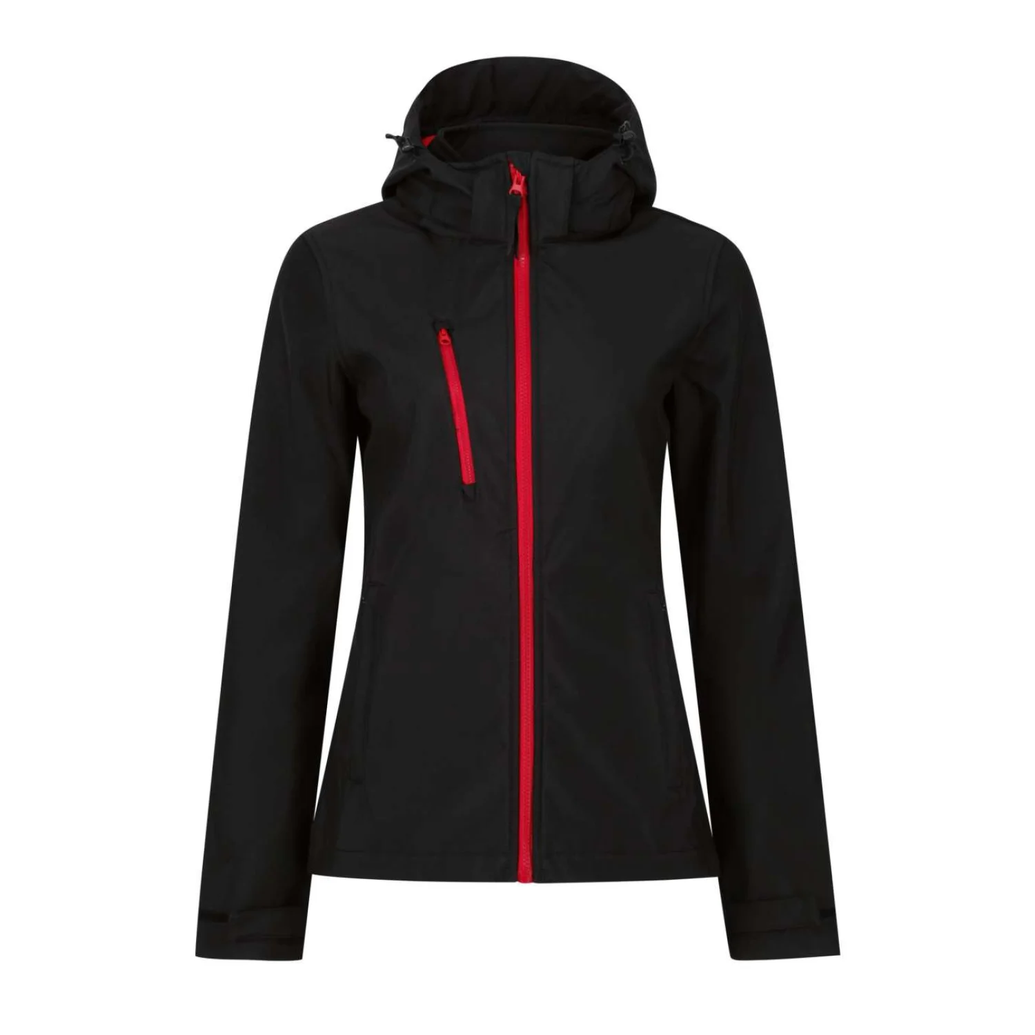 Regatta Venturer háromrétegű kapucnis nyomtatható softshell női dzseki Black/Classic Red