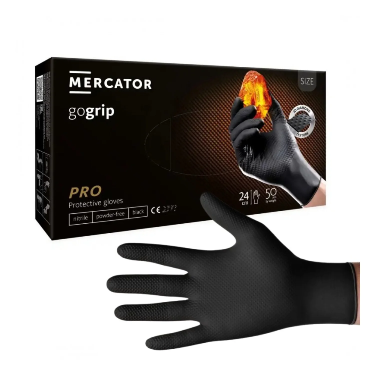 MERCATOR gogrip (black)nitril védőkesztyű púdermentes,gyémánt textúrált XXL,50 db/doboz