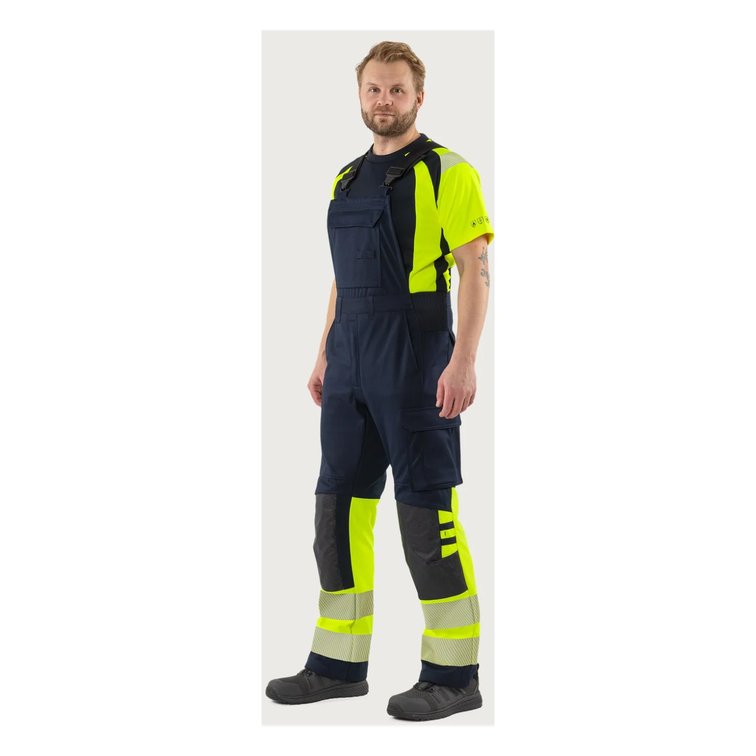 Fristads Flamestat high vis sztreccs kantáros nadrág class 1 1281 FSS Hi-Vis sárga/matrózkék
