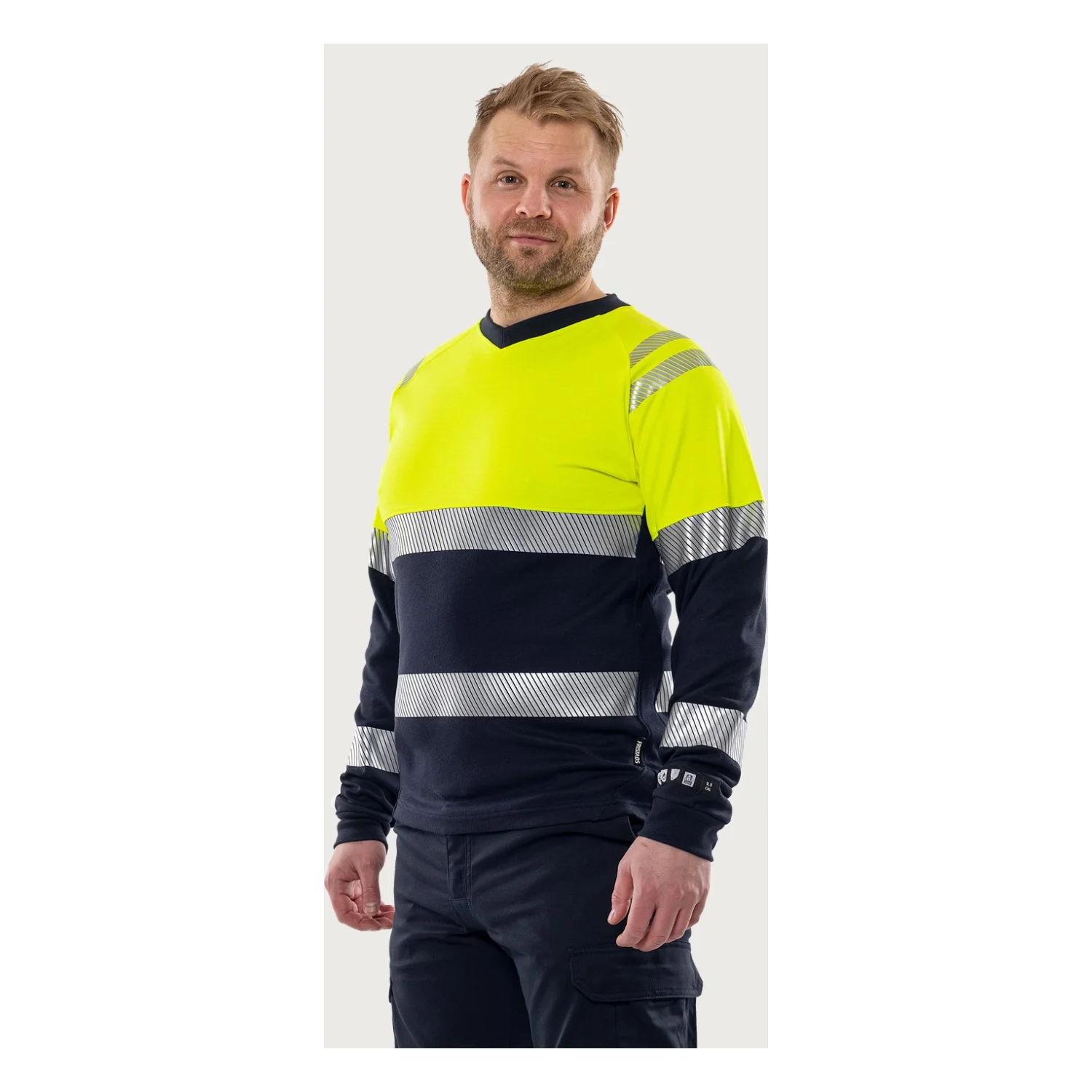 Fristads Flamestat high vis hosszú ujjú póló class 1 7107 TFL Hi-Vis sárga/matrózkék