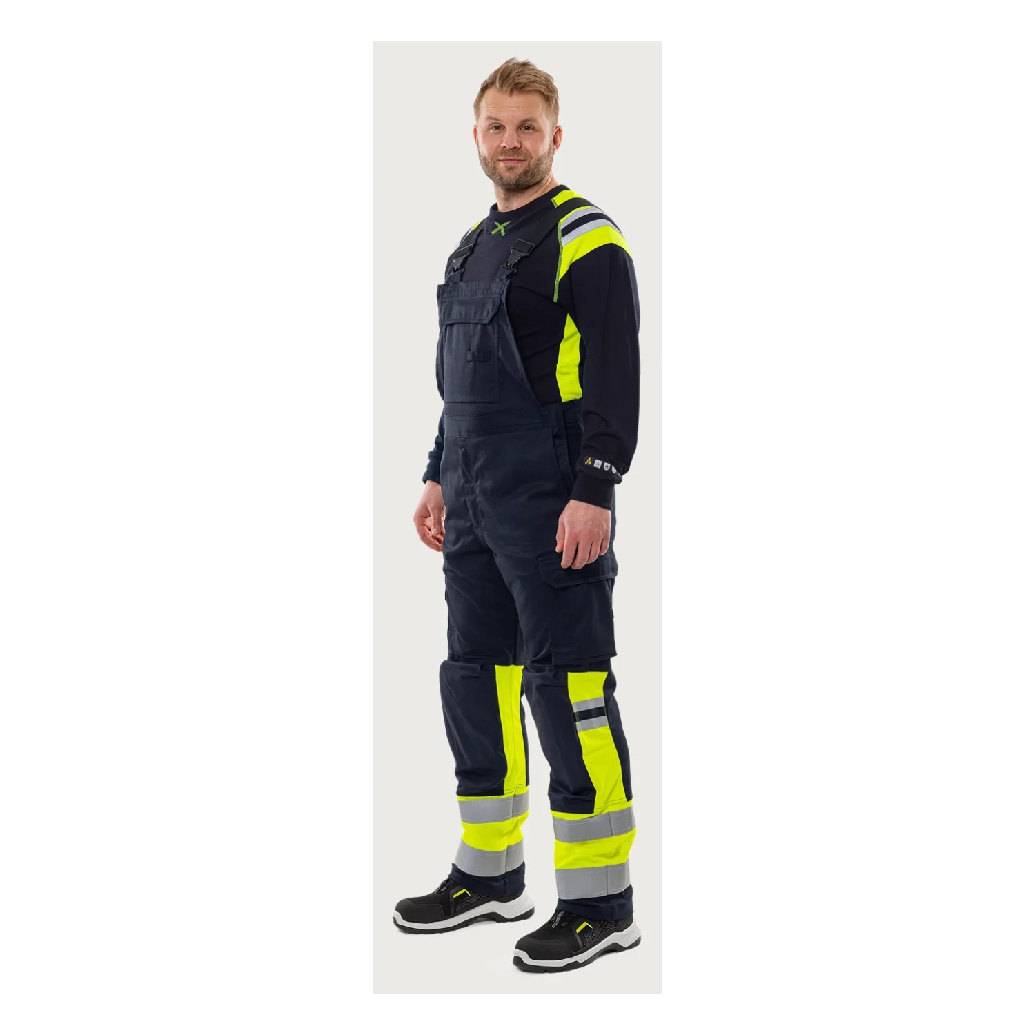 Fristads Flamestat high vis sztreccs kantáros nadrág class 1 2168 ATHF Hi-Vis sárga/matrózkék