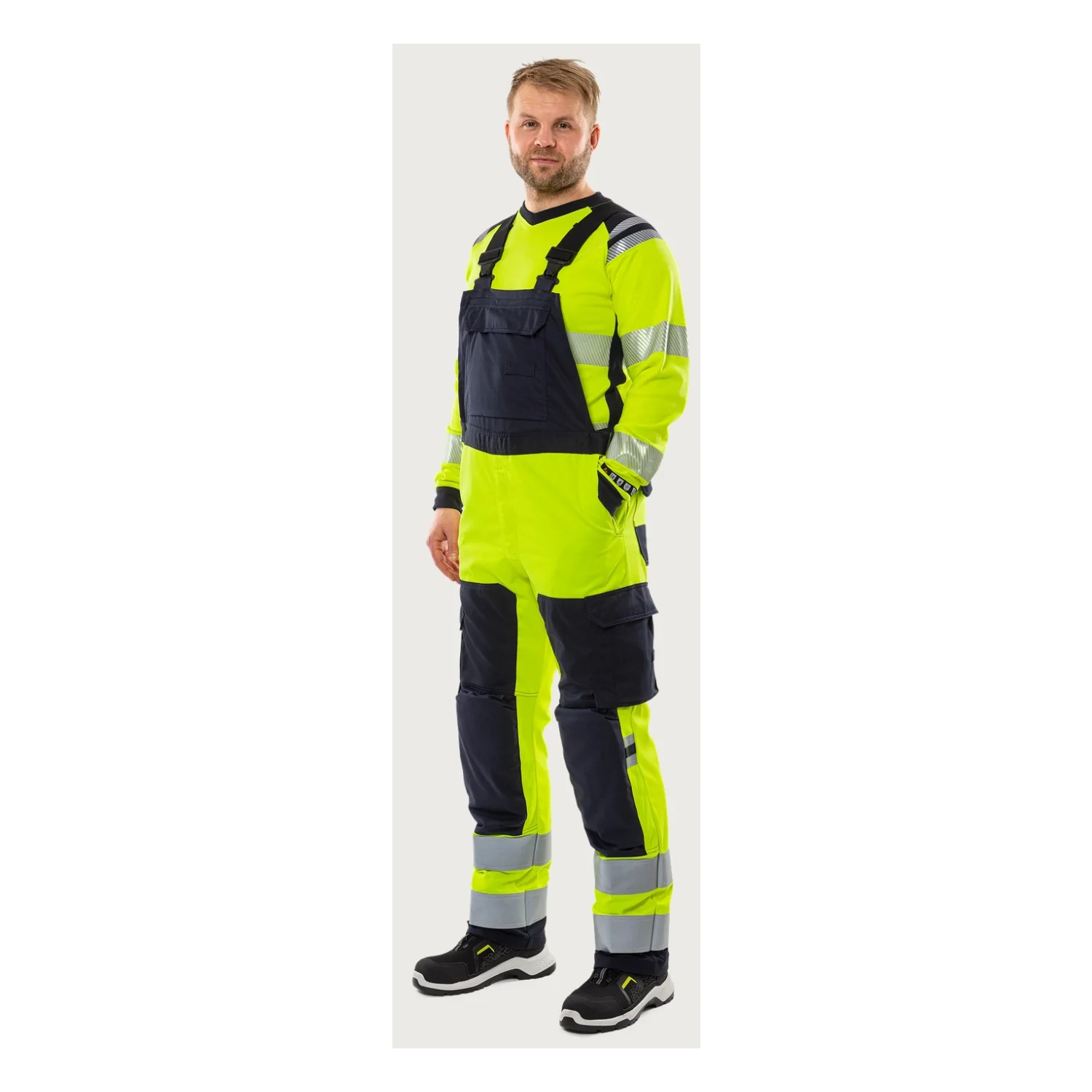 Fristads Flamestat high vis sztreccs kantáros nadrág class 2 1169 ATHF Hi-Vis sárga/matrózkék