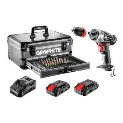 GRAPHITE Akkus fúró ENERGY+, 2db akku+töltő, 18V/2Ah, 10mm, 109 kiegészítő, levehető fúrótokmány, alu kofferben akkus gép