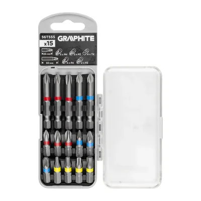GRAPHITE Csavarhúzó bitkészlet 25/50mm, műanyag tokban, 15db csavarhúzók és bitfej