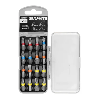 GRAPHITE Csavarhúzó bitkészlet 25/50mm, műanyag tokban, 16db csavarhúzók és bitfej