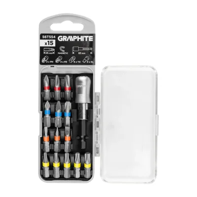 GRAPHITE Csavarhúzó bitkészlet 25mm, mágneses szárral, műanyag tokban, 15db csavarhúzók és bitfej