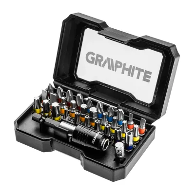 GRAPHITE Csavarhúzó bitkészlet, 32db, bitek 25mm-30db, adapter 1/4", mágneses bittartó csavarhúzók és bitfej
