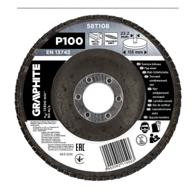 GRAPHITE Csiszolókorong lamellás 115x22,2mm, P100 inox, fém, fa csiszoló- és tisztítókorong