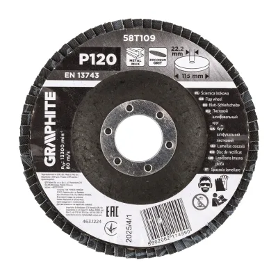 GRAPHITE Csiszolókorong lamellás 115x22,2mm, P120 inox, fém, fa csiszoló- és tisztítókorong
