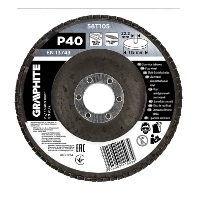 GRAPHITE Csiszolókorong lamellás 115x22,2mm, P40 inox, fém, fa csiszoló- és tisztítókorong