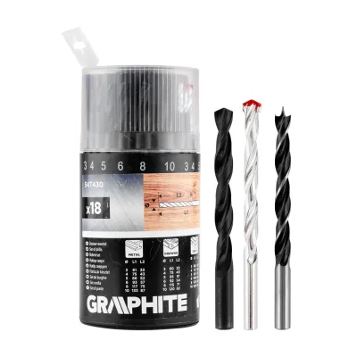 GRAPHITE Fúrókészlet, fém, fa, kőzefúrókkal, hengeres szár, 3,4,5,6,8,10mm méretek, 18db fúrószár
