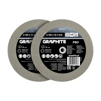 GRAPHITE Köszörűkorong asztali köszörűhöz, P60, 125x12.7mm, 20/16/12.7mm redukálógyűrűkkel, 2db