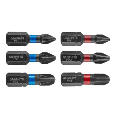 GRAPHITE Torziós ütvecsavarozó bit PH1/2/3, PZ1/2/3x25mm, 6db csavarhúzók és bitfej
