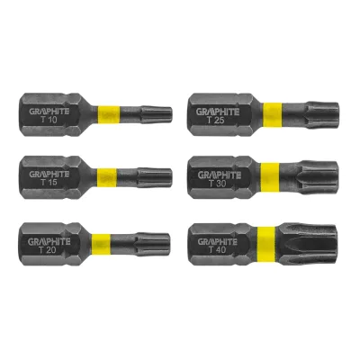 GRAPHITE Torziós ütvecsavarozó bit Torx 10/15/20/25/30/40x25mm, 6db csavarhúzók és bitfej