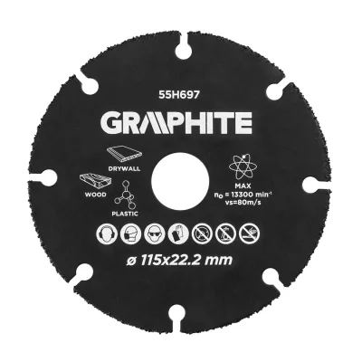 GRAPHITE Vágókorong, fához, műanyaghoz, volfrámkarbid, 115x22.2mm