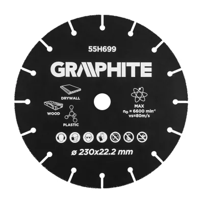 GRAPHITE Vágókorong, fához, műanyaghoz, volfrámkarbid, 230x22.2mm