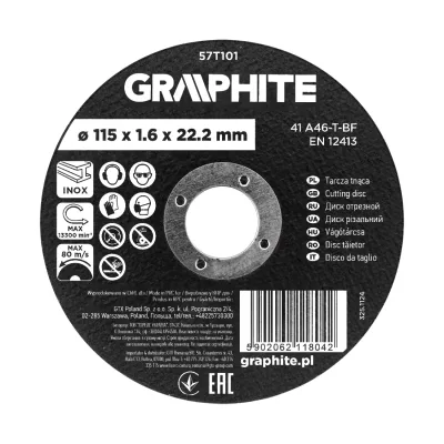 GRAPHITE Vágókorong fémhez, alumínium oxid 115x1,6x22,2 INOX 41 A46-T-BF, min.rendelés: 3db