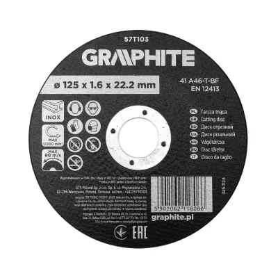 GRAPHITE Vágókorong fémhez, alumínium oxid 125x1,6x22,2 INOX 41 A46-T-BF, min.rendelés: 3db