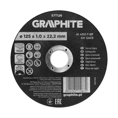GRAPHITE Vágókorong fémhez, korund 125x1x22,2 INOX 41 A60-T-BF, 110db