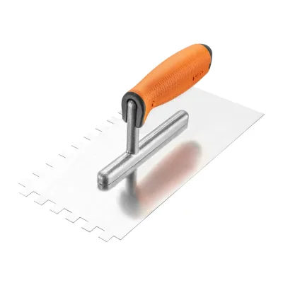 NEO Acél simító, fogazott, rozsdamentes, 270x128mm, 10x10x10mm, kétkomponensű markolat építőipari kéziszerszám