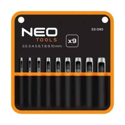 NEO Bőrlyukasztó készlet, szénacél, 9db-os, 2,5-10mm, oxfordszövet tok fogók és csípőfogó