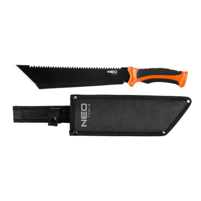 NEO Bozótvágó kés, 40cm, rozsdamentes acél, kétkomponensű fogantyú TPR+PP, fűrész funkció, penge 25.5cm, tokkal