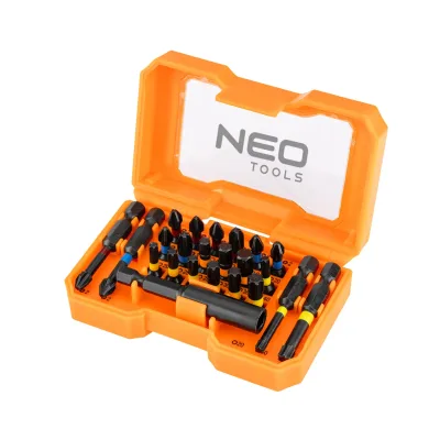 NEO Csavarhúzó bitkészlet, 23db, bitek 25mm-18db, bitek 50mm-4db, mágneses bittartó csavarhúzók és bitfej