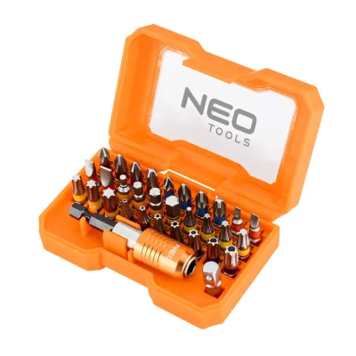 NEO Csavarhúzó bitkészlet, 32db, bitek 25mm-30db, adapter 1/4", mágneses bittartó csavarhúzók és bitfej