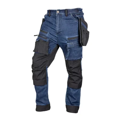 NEO Farmer munkásnadrág, Denim, 82% pamut, Oxford szövet, Cordura betétek, cippzáras zsebek, kék-fekete