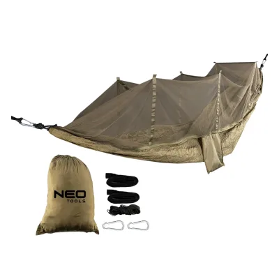 NEO Függőágy szúnyoghálóval 330x140cm, 210T nylon, maxterhelhetőség 200kg, sötétzöld