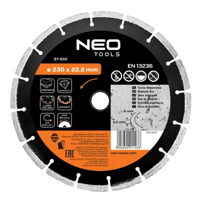 NEO Gyémánt vágókorong 230mm szegmenses lézer hegesztett, 8mm szegmens