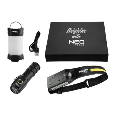 NEO Kempinglámpa készlet 3db-os, kézi-sátor-fejlámpa, 150/280/1000 lm, 1200mAh akku, USB-C töltővezeték