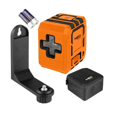 NEO Lézeres szintező, önbeálló keresztvonallézer, zöld, 30m, mágneses tartókonzol, 1/4"-os menet, 2db AA elem mérőeszköz