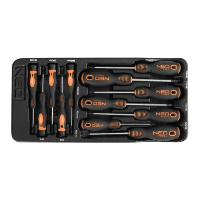 NEO Műszerész, precíziós csavarhúzó készlet, PZ, Torx, 12db, műhelykocsitálcával