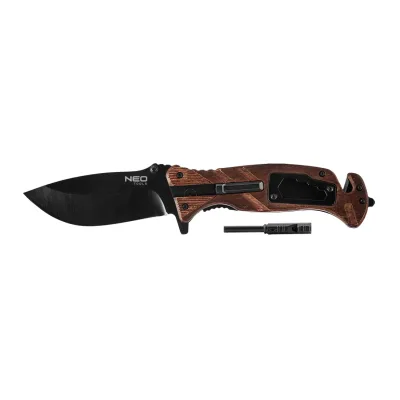 NEO Összecsukható túlélőkés, 22cm, 6az1-ben, kés, síp, kovakő, csavarkulcs, szíjvágó, üvegtörő, penge 9cm