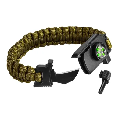 NEO Túlélő karkötő 5az1-ben, 3.5m paracord(250kg-ig), kovakő, iránytű, kés, síp, zöld, szélessége 26mm