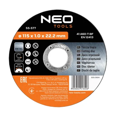 NEO Vágókorong, fémhez, 115x1x22.2mm, 41A60-T-BF, 10db