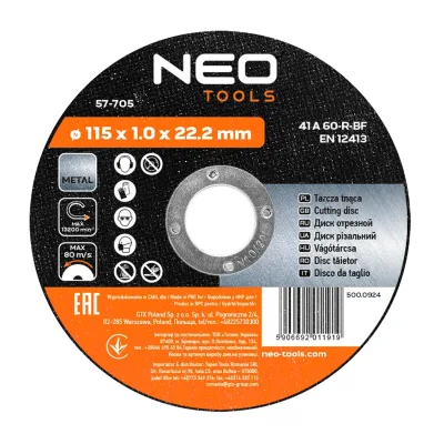 NEO Vágókorong fémhez 115x1x22mm, 41A60-T-BF, min. rendelés: 5db