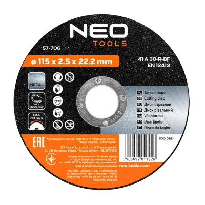 NEO Vágókorong fémhez 115x2.5x22mm, 41 A30-T-BF, min. rendelés: 5db
