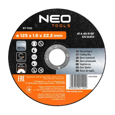 NEO Vágókorong fémhez 125x1.6x22mm, 41A60-T-BF, min. rendelés: 5db