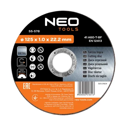NEO Vágókorong, fémhez, 125x1x 22.2mm, 41A60-T-BF, 10db