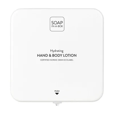 Nordik Soap-In-A-Box fényes fehér kéz- és testápoló adagoló, előlap