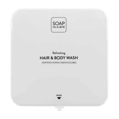 Nordik Soap-In-A-Box fényes fehér tusfürdő és sampon adagoló, előlap