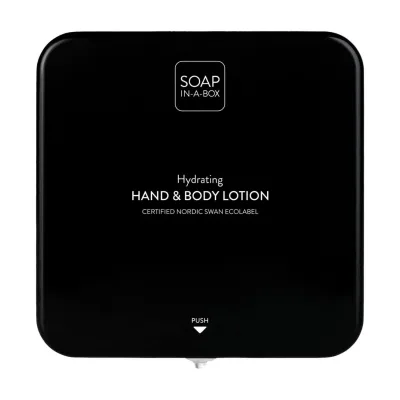 Nordik Soap-In-A-Box fényes fekete kéz- és testápoló adagoló, előlap