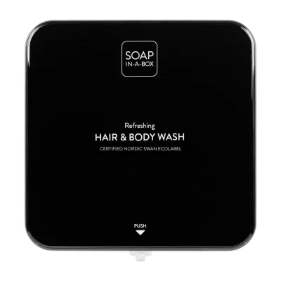 Nordik Soap-In-A-Box fényes fekete tusfürdő és sampon adagoló, előlap