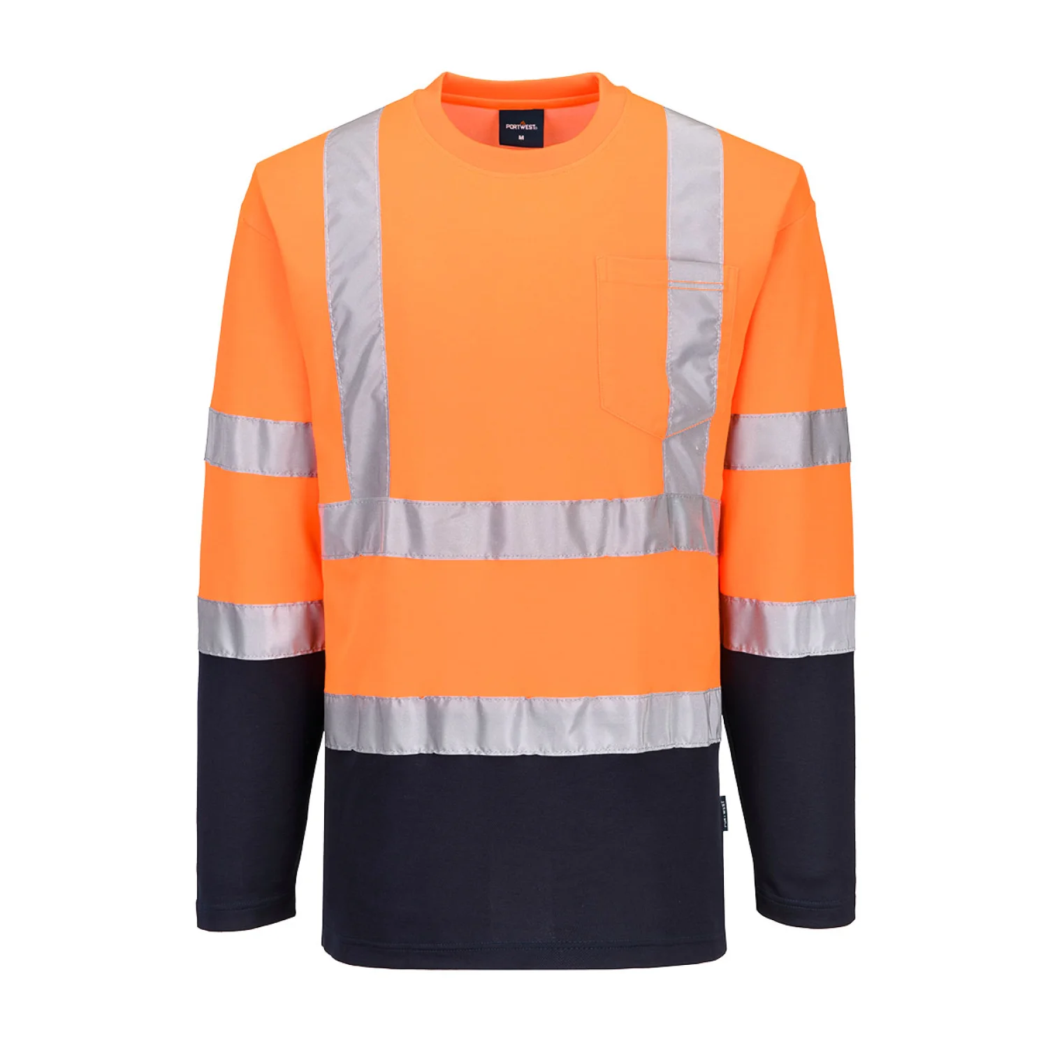 Portwest Kéttónusú, hosszú ujjú Cotton Comfort póló – jól láthatósági S280 Narancs / tengerészkék