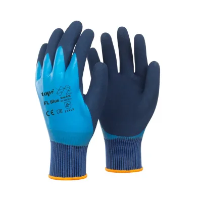 TOP FL Blue latex mártott poliészter kesztyű, gumírozott mandzsetta